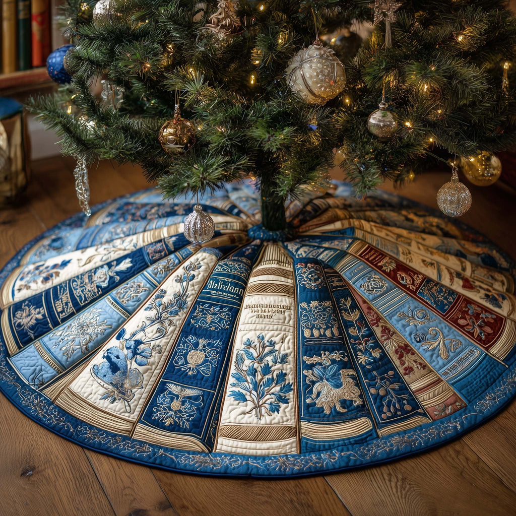 Blue Books with Snowflake Spines Christmas Tree Skirt