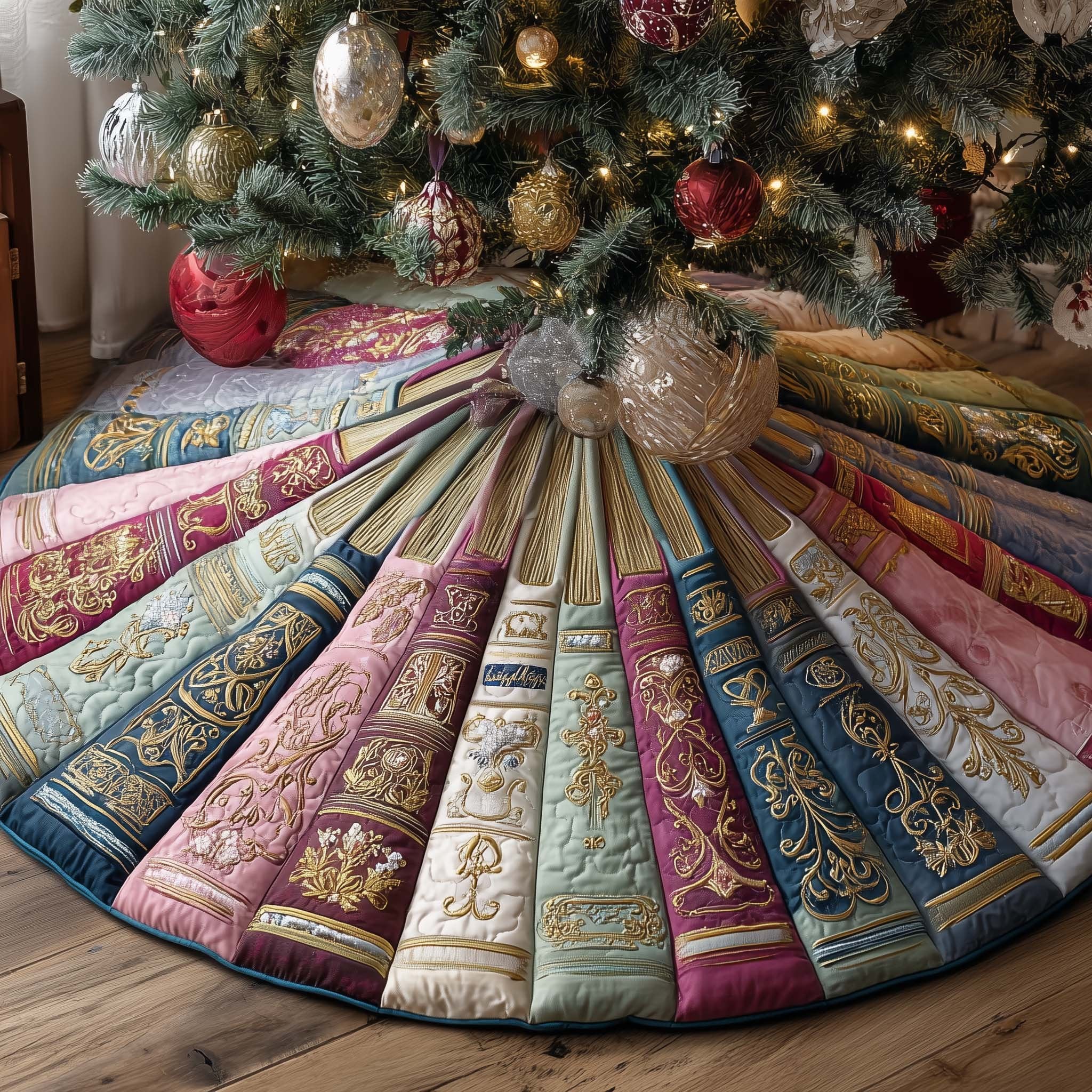 Pink and Cream Ornate Book Spines Christmas Tree Skirt