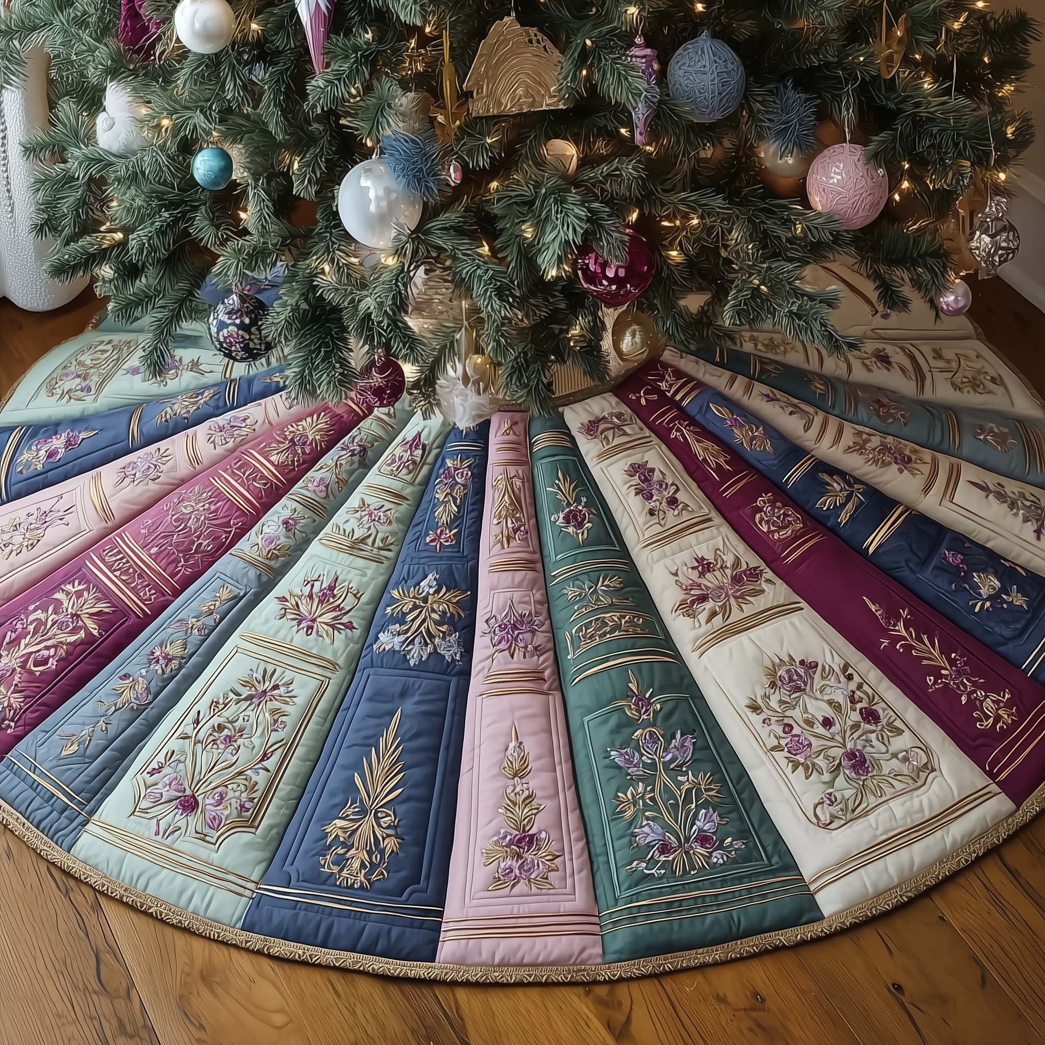 Pastel Floral Book Spines Christmas Tree Skirt