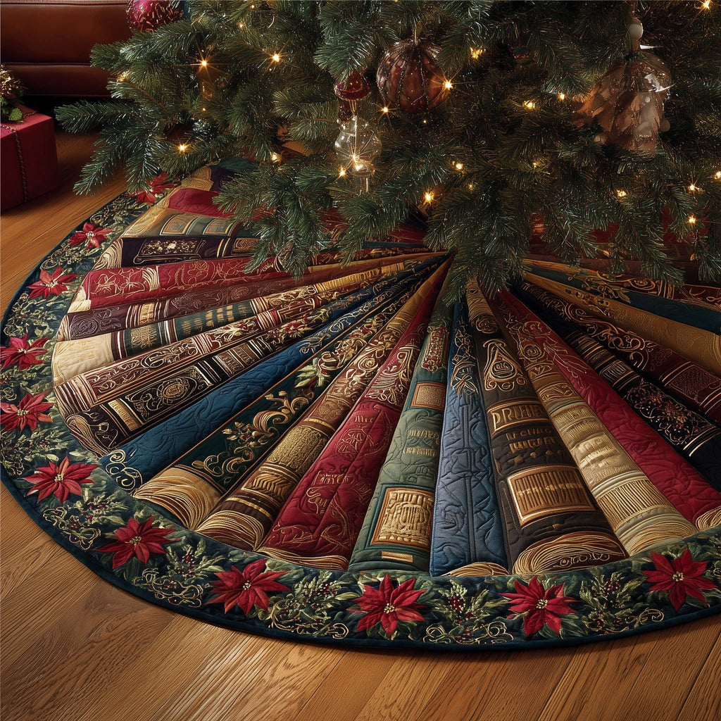 Book Spines with Poinsettia Border Christmas Tree Skirt