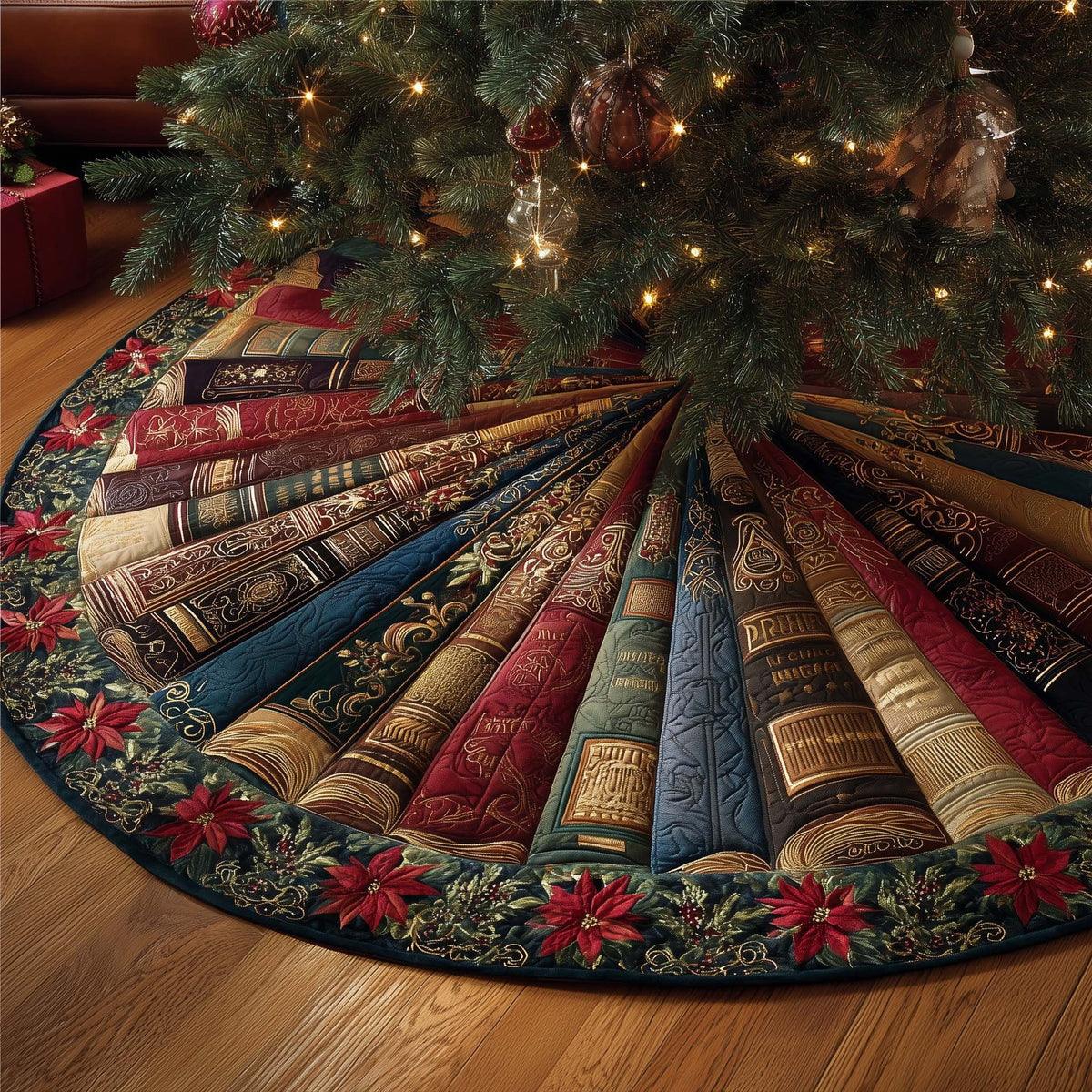 Book Spines with Poinsettia Border Christmas Tree Skirt