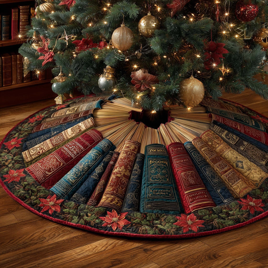 Classic Books with Holly Border Christmas Tree Skirt
