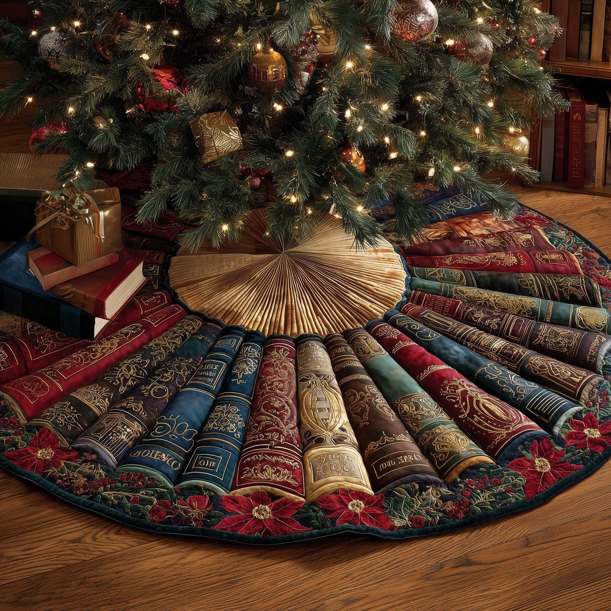 Vintage Books with Golden Pages Christmas Tree Skirt