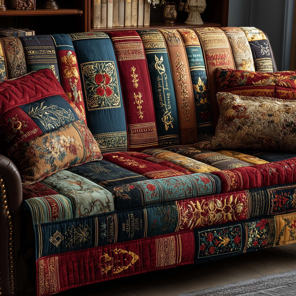 Antique Book Spines in Red and Gold Sofa Cover