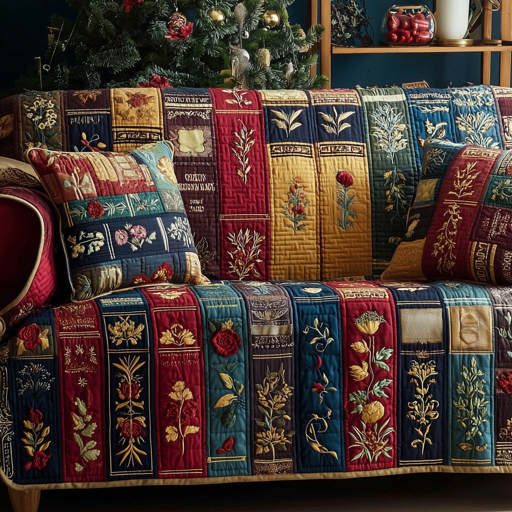 Book Spines with Embroidered Flowers Sofa Cover