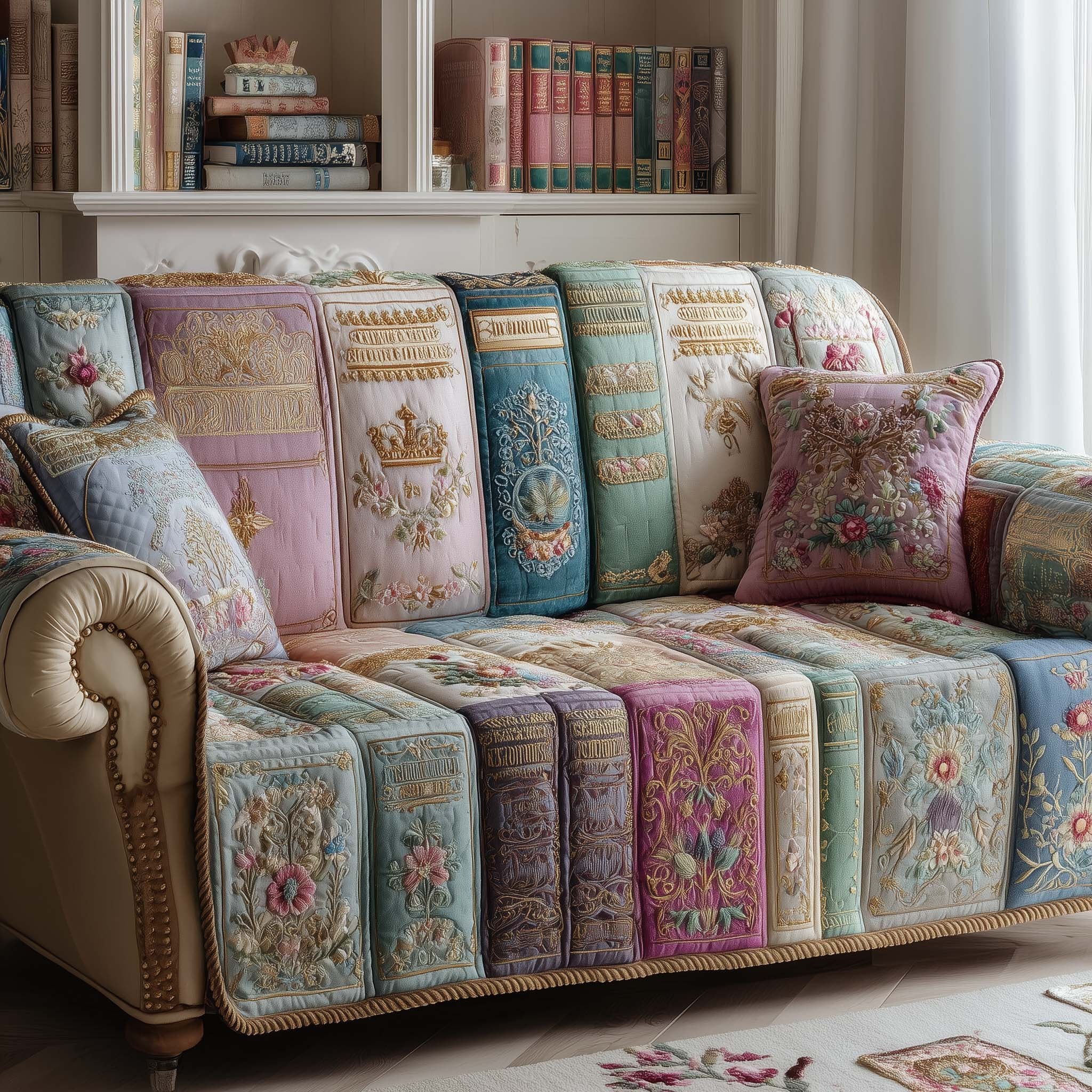 Pink and Blue Vintage Book Spines Sofa Cover