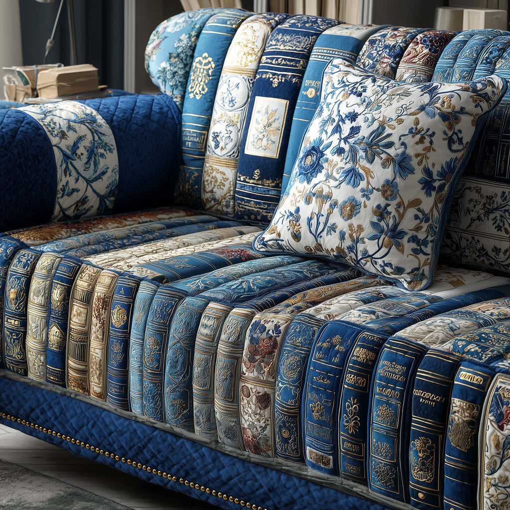 Navy Book Spines with Gold Titles Sofa Cover