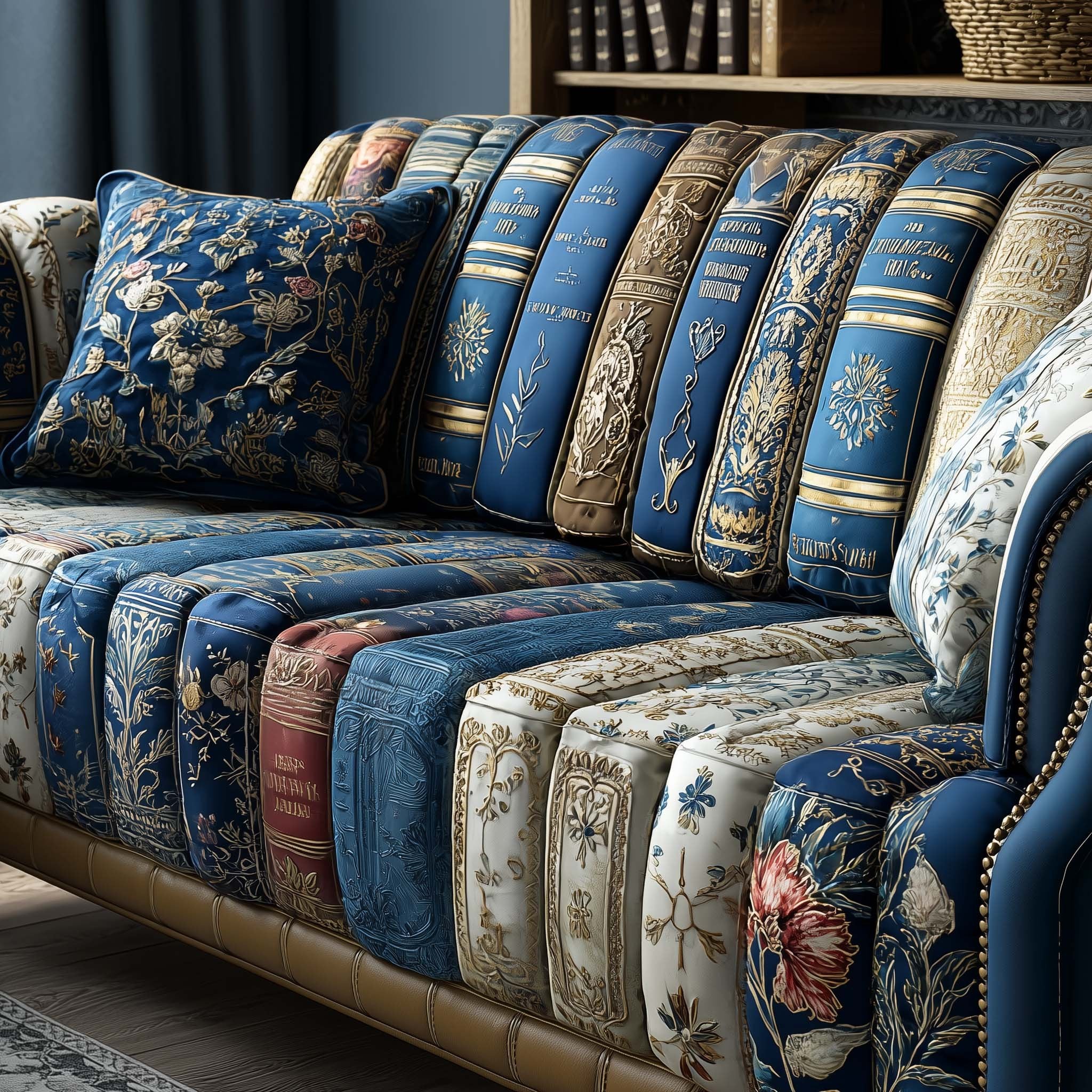 Blue Book Spines Beside Floral Panel Sofa Cover