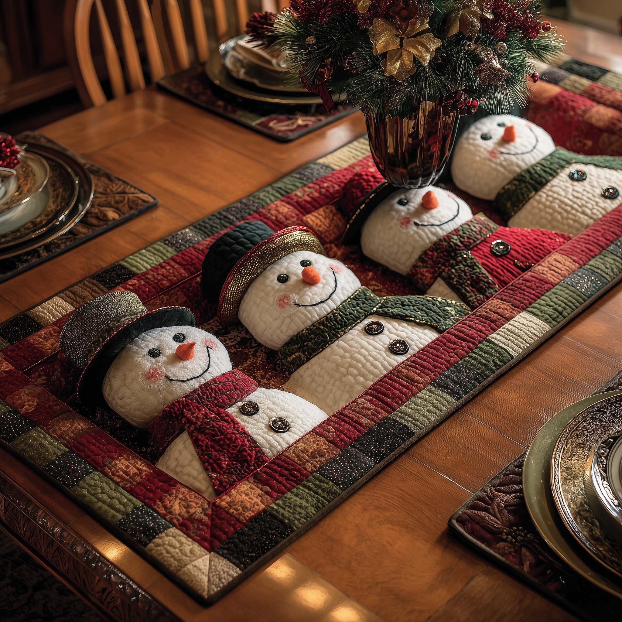 Snowmen with Red Plaid Border Table Runner