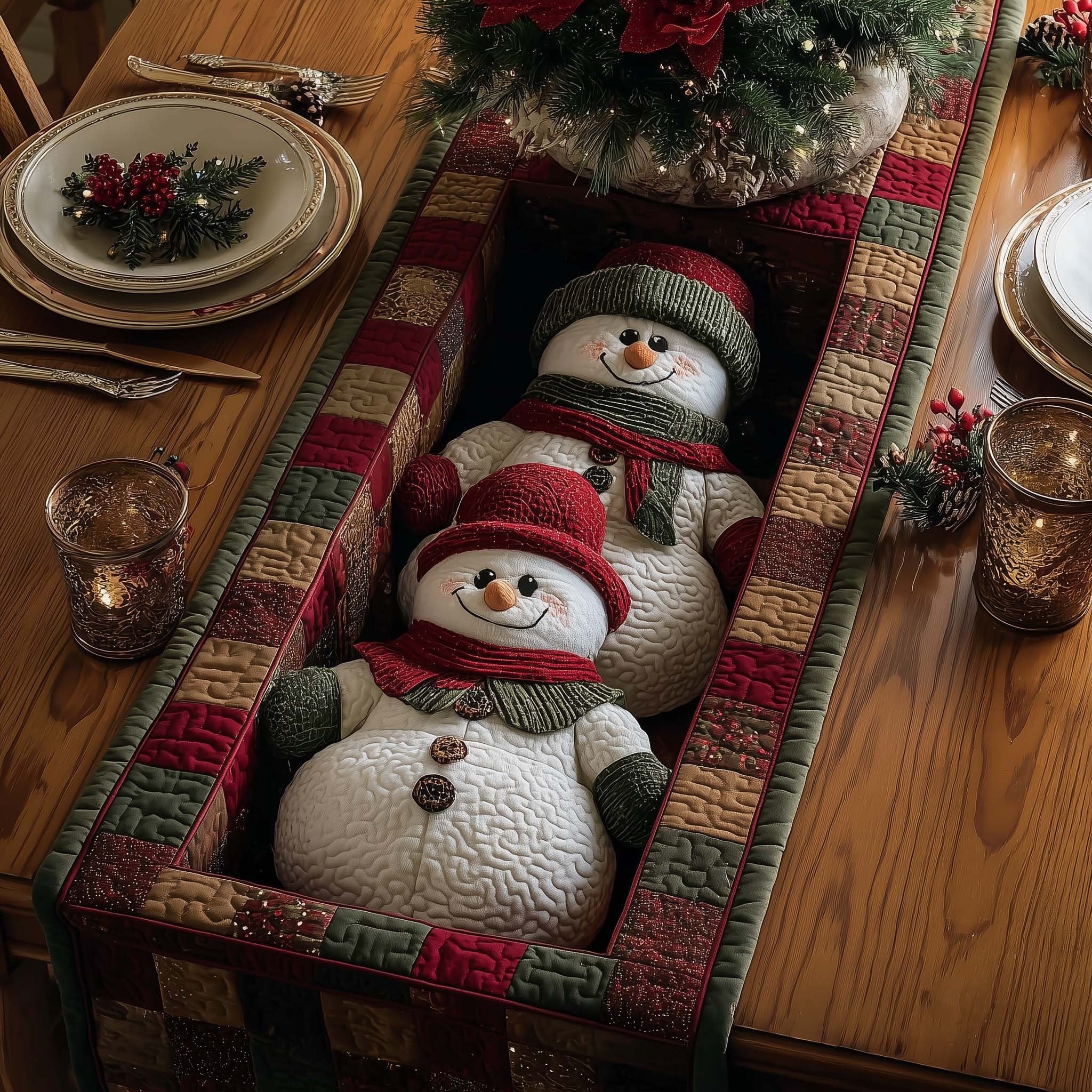 Snowmen in Green Hats on Plaid Table Runner