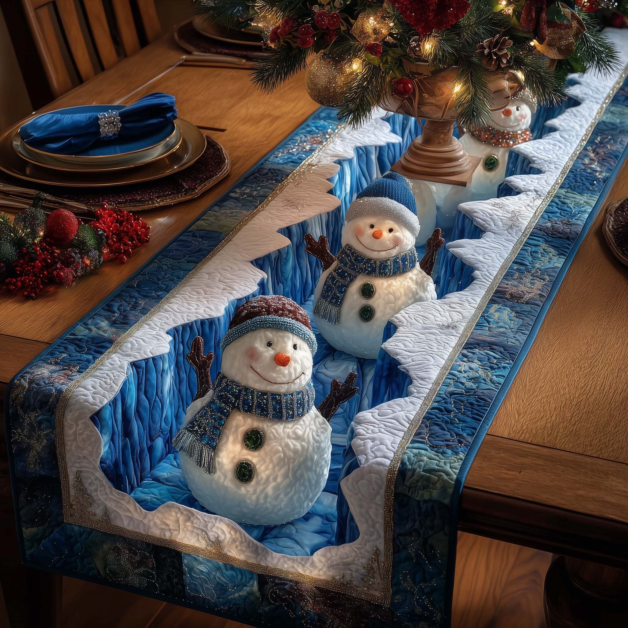 Snowmen on Blue Quilted Snow Table Runner