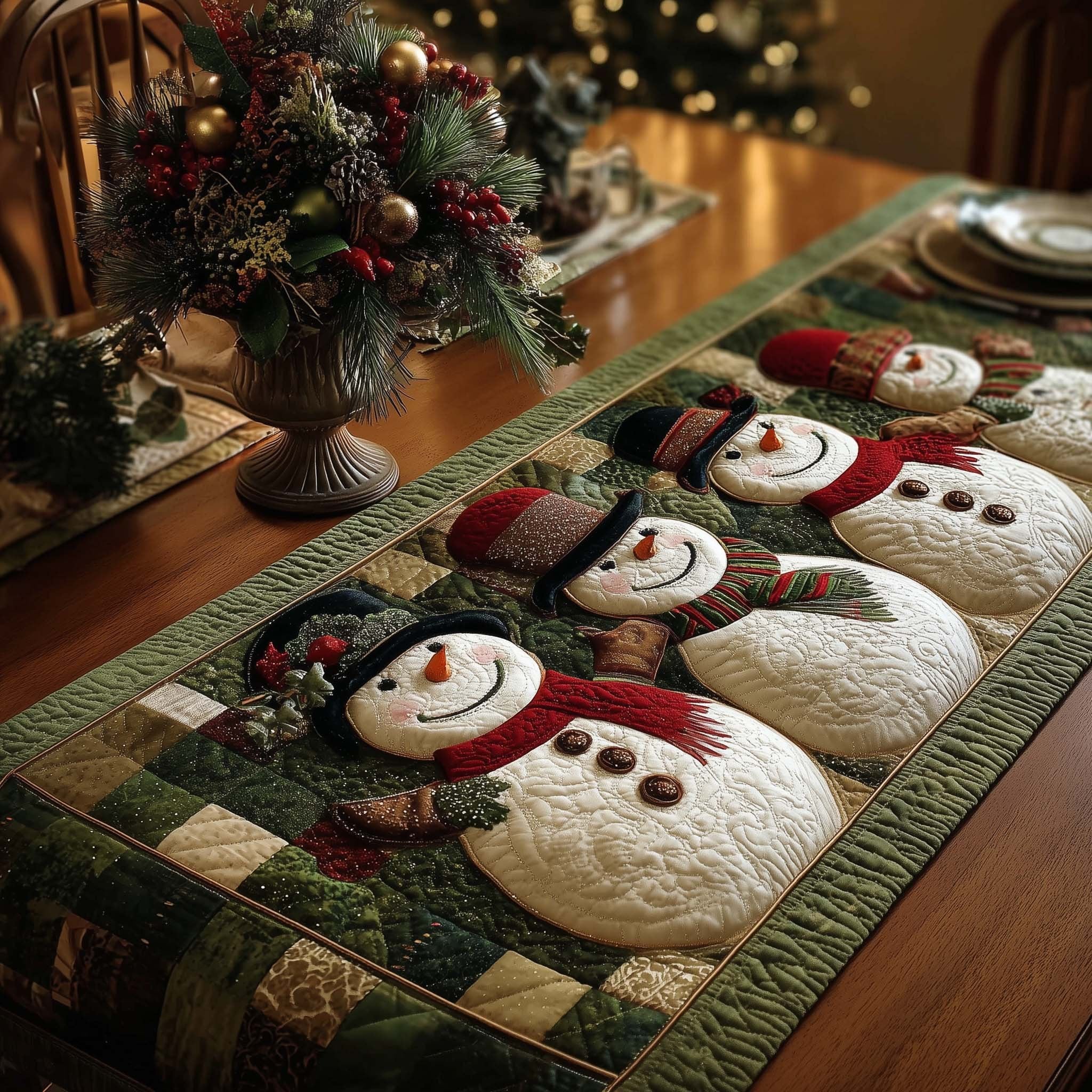 Snowmen with Green Holly Border Table Runner