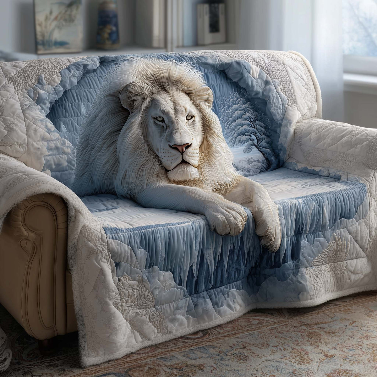 White Lion on Ice Blue Quilt Sofa Cover