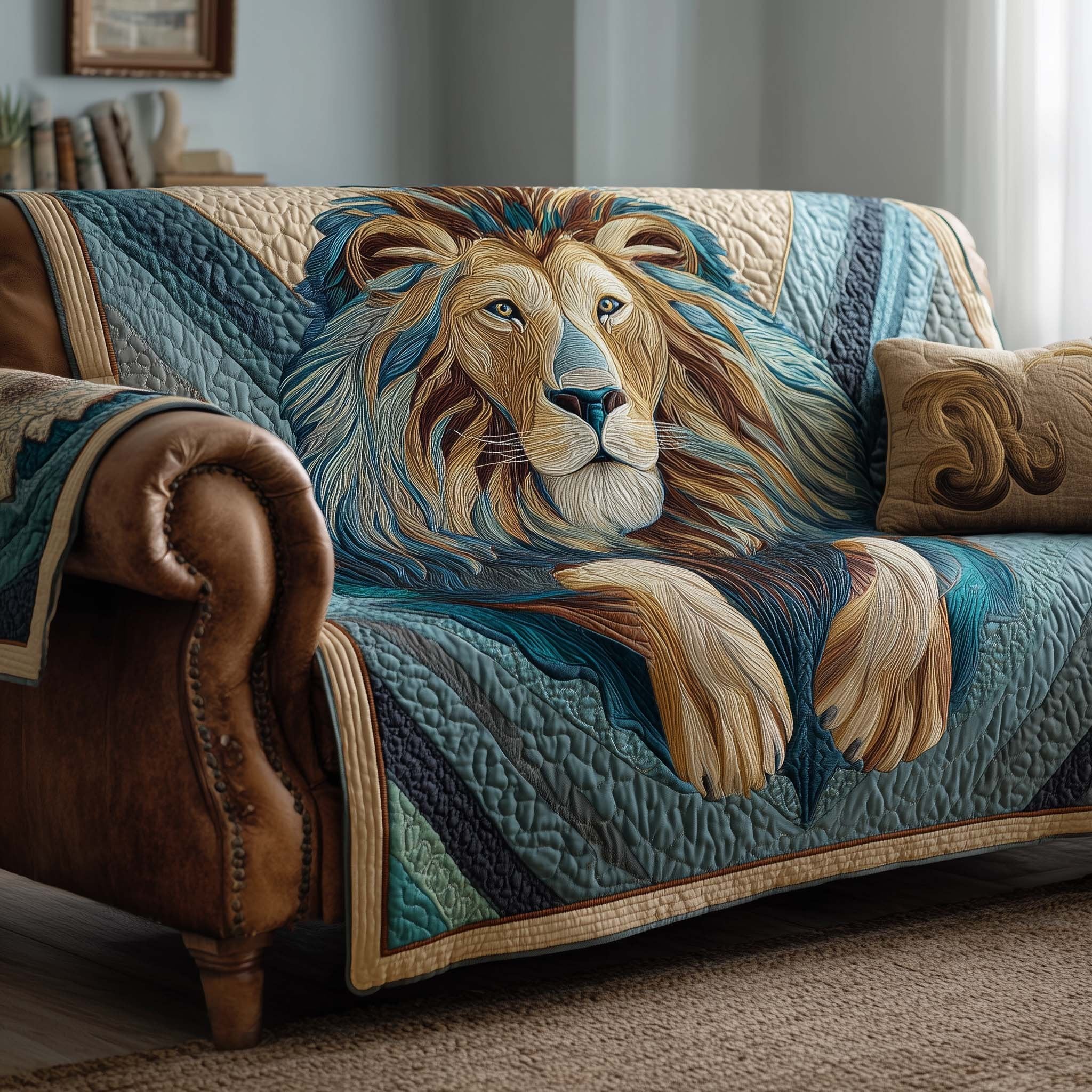 Lion with Teal Mane on Teal Sofa Cover