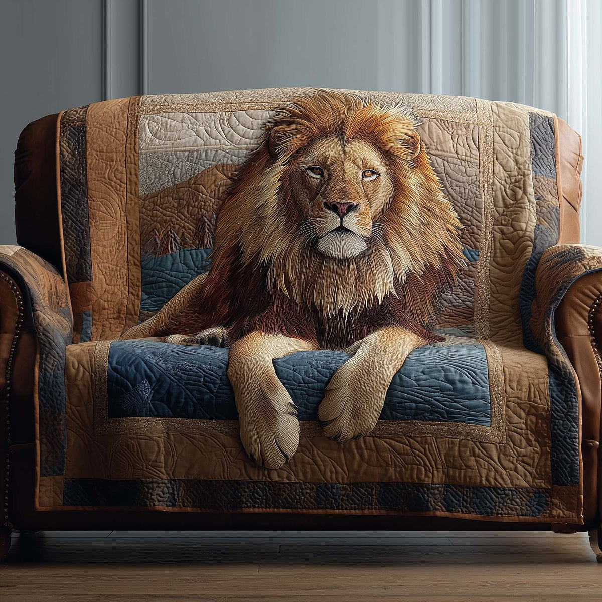 Lion Resting on Blue and Brown Sofa Cover