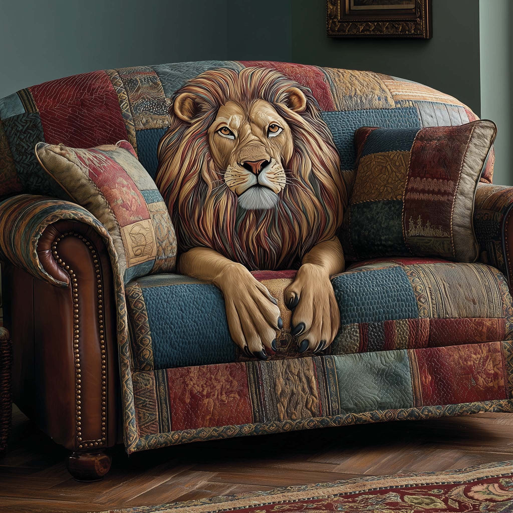Lion Lying on Rust Patchwork Sofa Cover