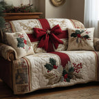 Red Bow with Holly on Cream Sofa Cover
