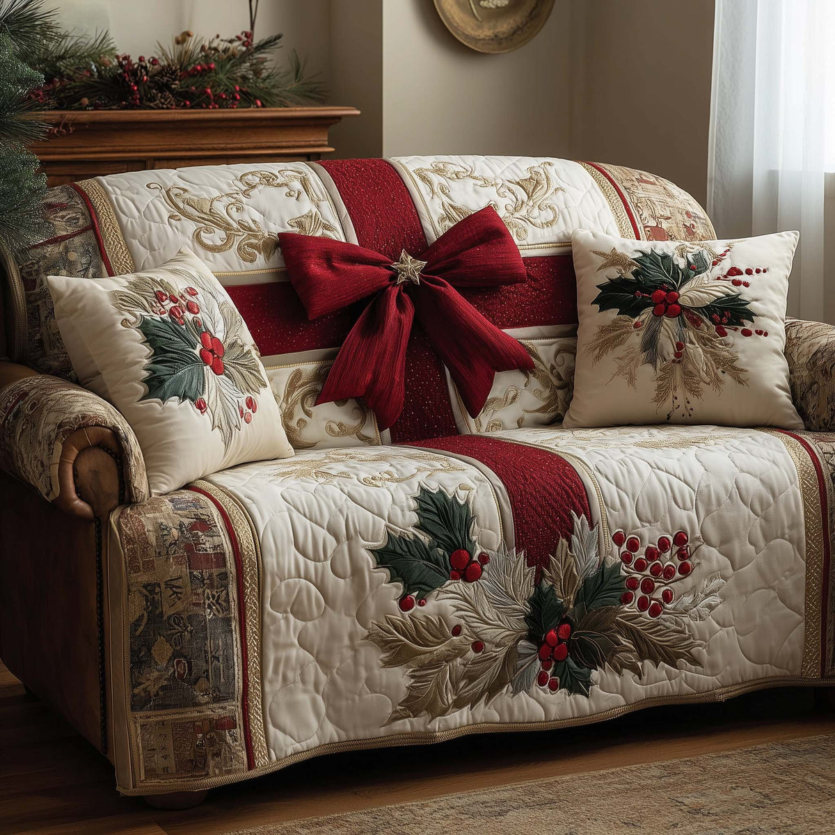 Red Bow with Holly on Cream Sofa Cover