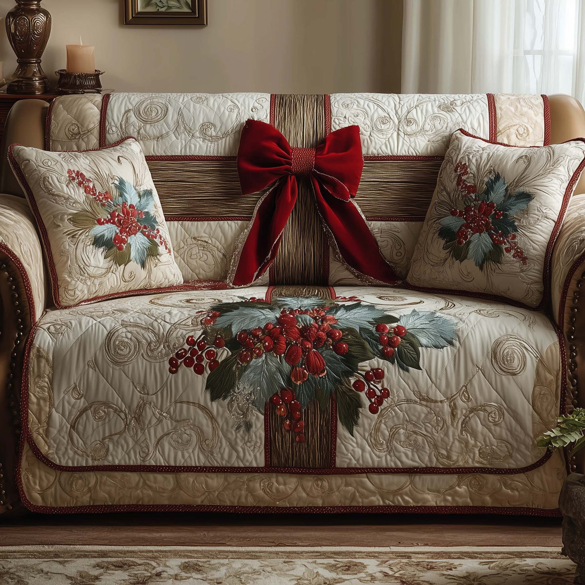 Red Ribbon Bow with Winter Berries Sofa Cover