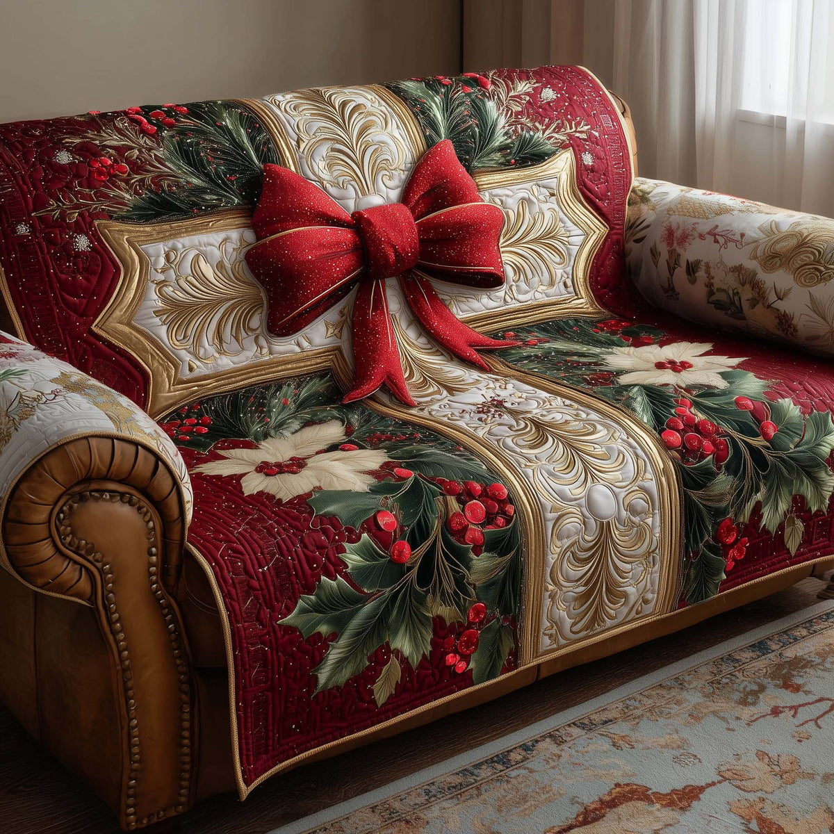 Red Bow Above Holly and Berries Sofa Cover
