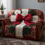 Large Red Bow with Holly Sprigs Sofa Cover