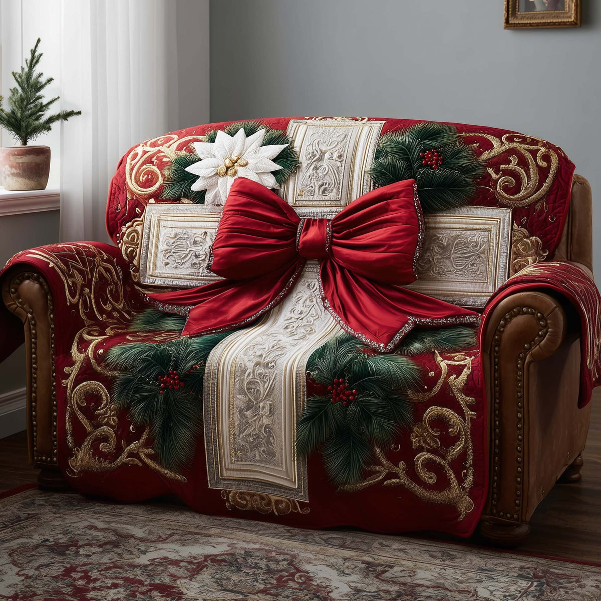 Large Red Bow with Holly Sprigs Sofa Cover