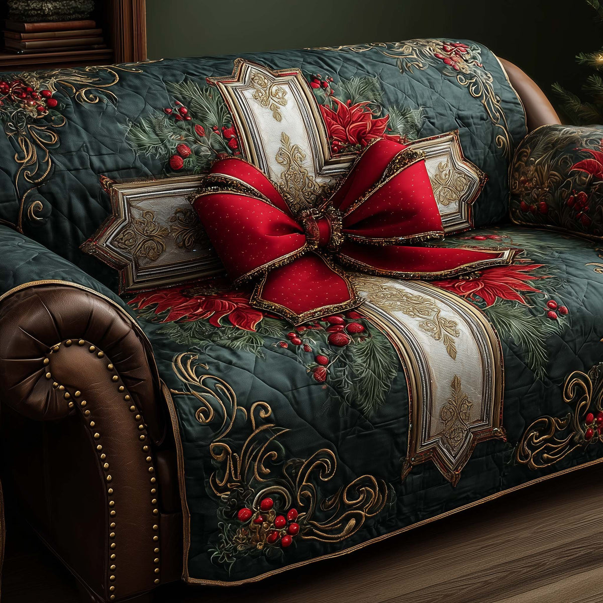 Red Bow on Teal with Berries Sofa Cover