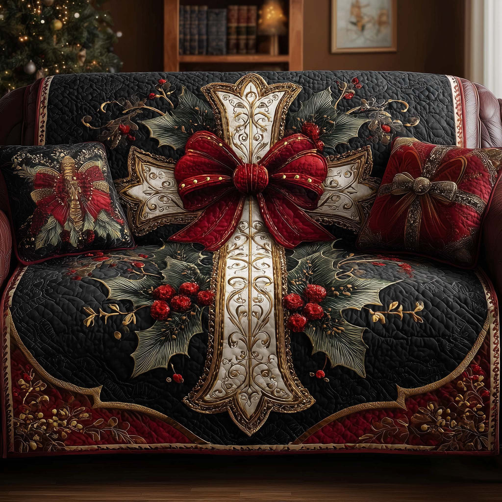 Red Bow with Golden Scrollwork Sofa Cover
