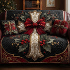 Red Bow with Golden Scrollwork Sofa Cover