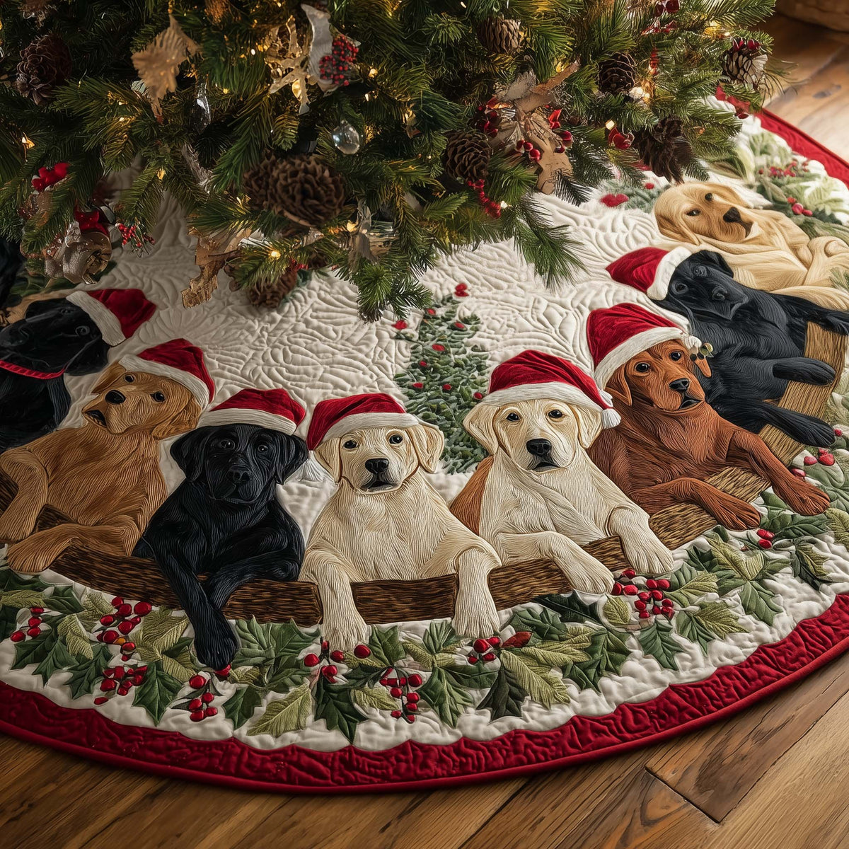 Labradors in Santa Hats with Holly Christmas Tree Skirt