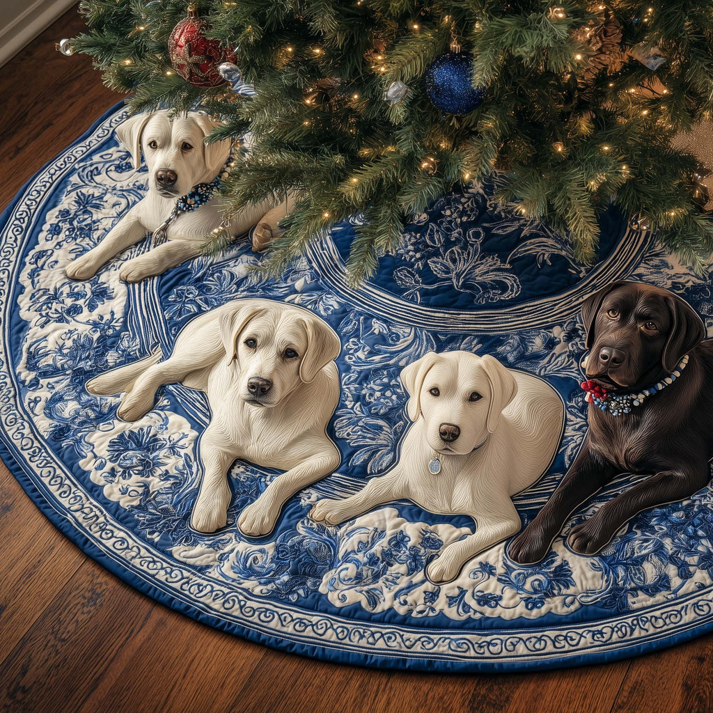 Cream Labradors on Blue Willow Pattern Christmas Tree Skirt