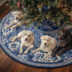 Cream Labradors on Blue Willow Pattern Christmas Tree Skirt
