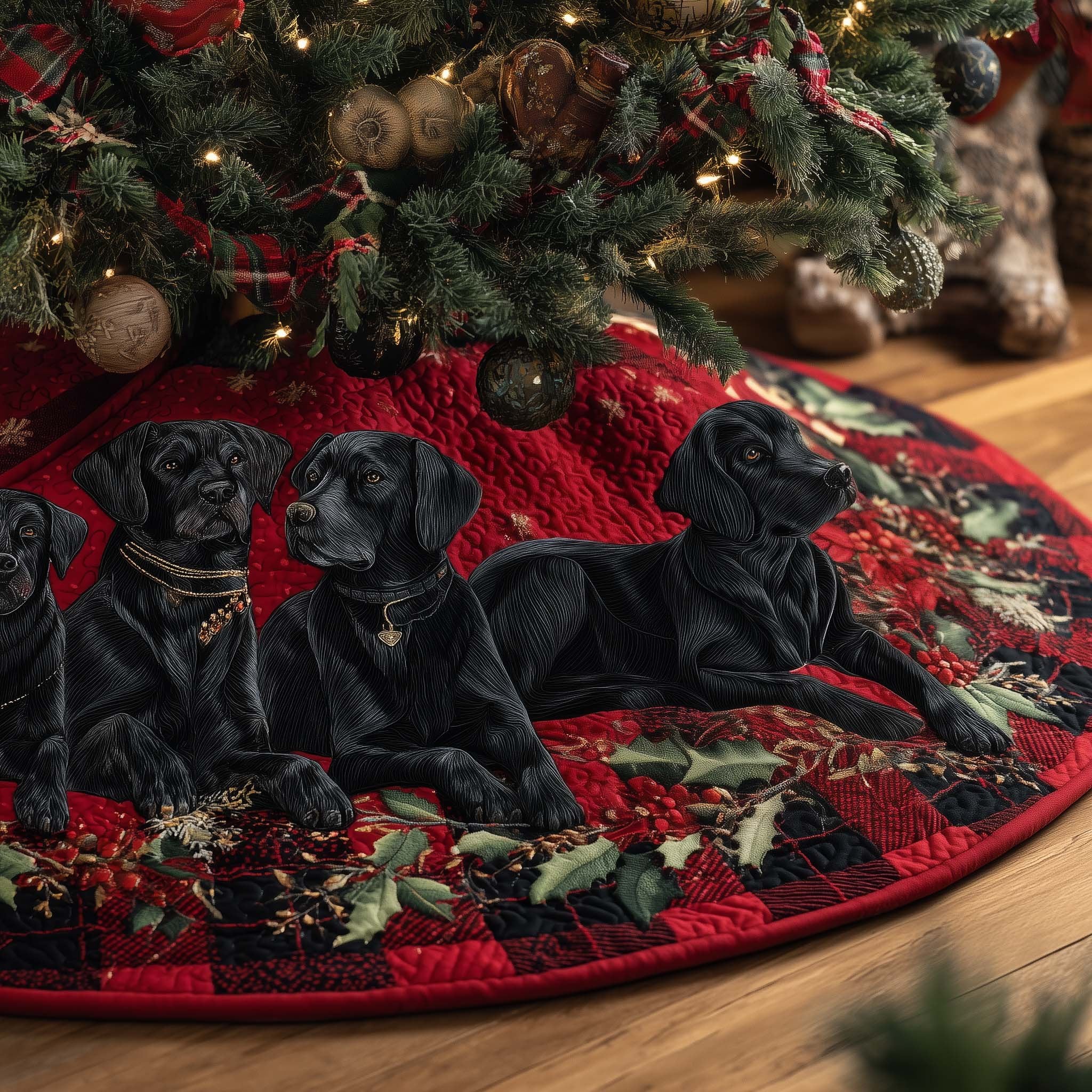Black Labradors on Red with Holly Christmas Tree Skirt