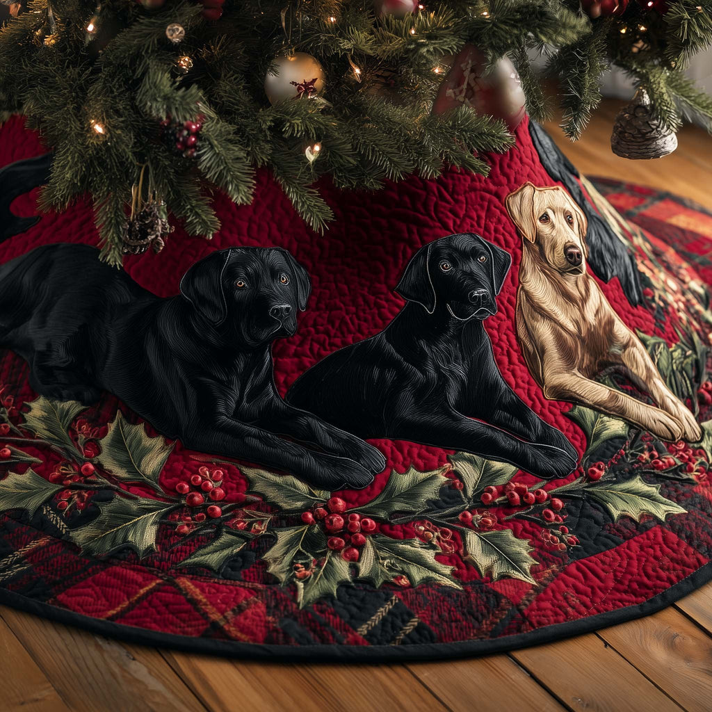 Black and Yellow Labradors on Red Quilt Christmas Tree Skirt