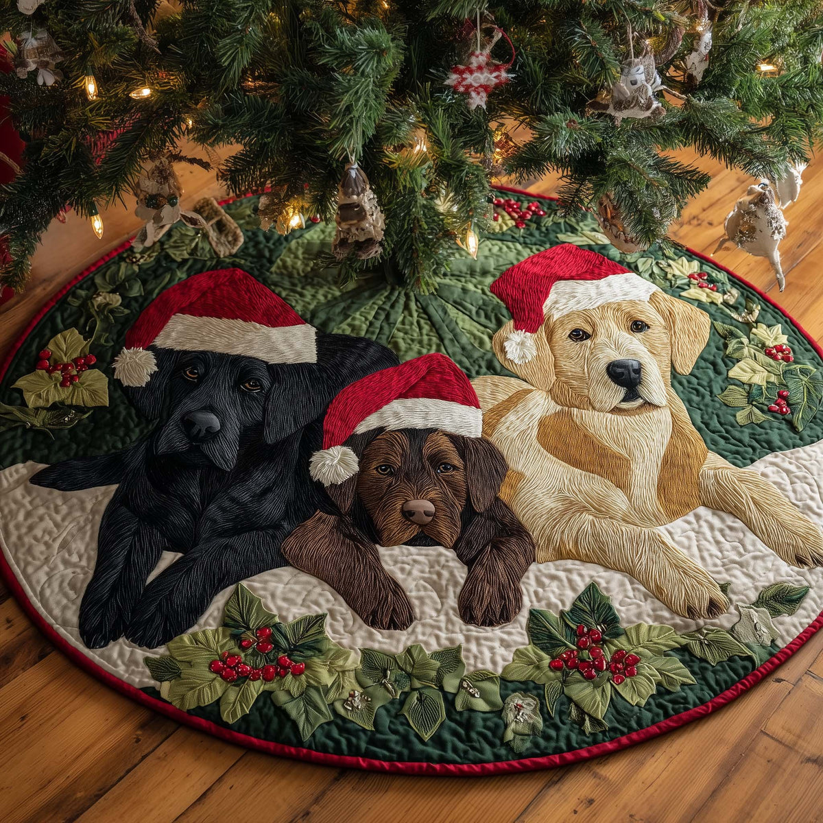 Three Labradors in Santa Hats Christmas Tree Skirt
