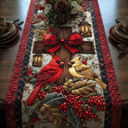 Cardinals with Red Bow and Berries Table Runner