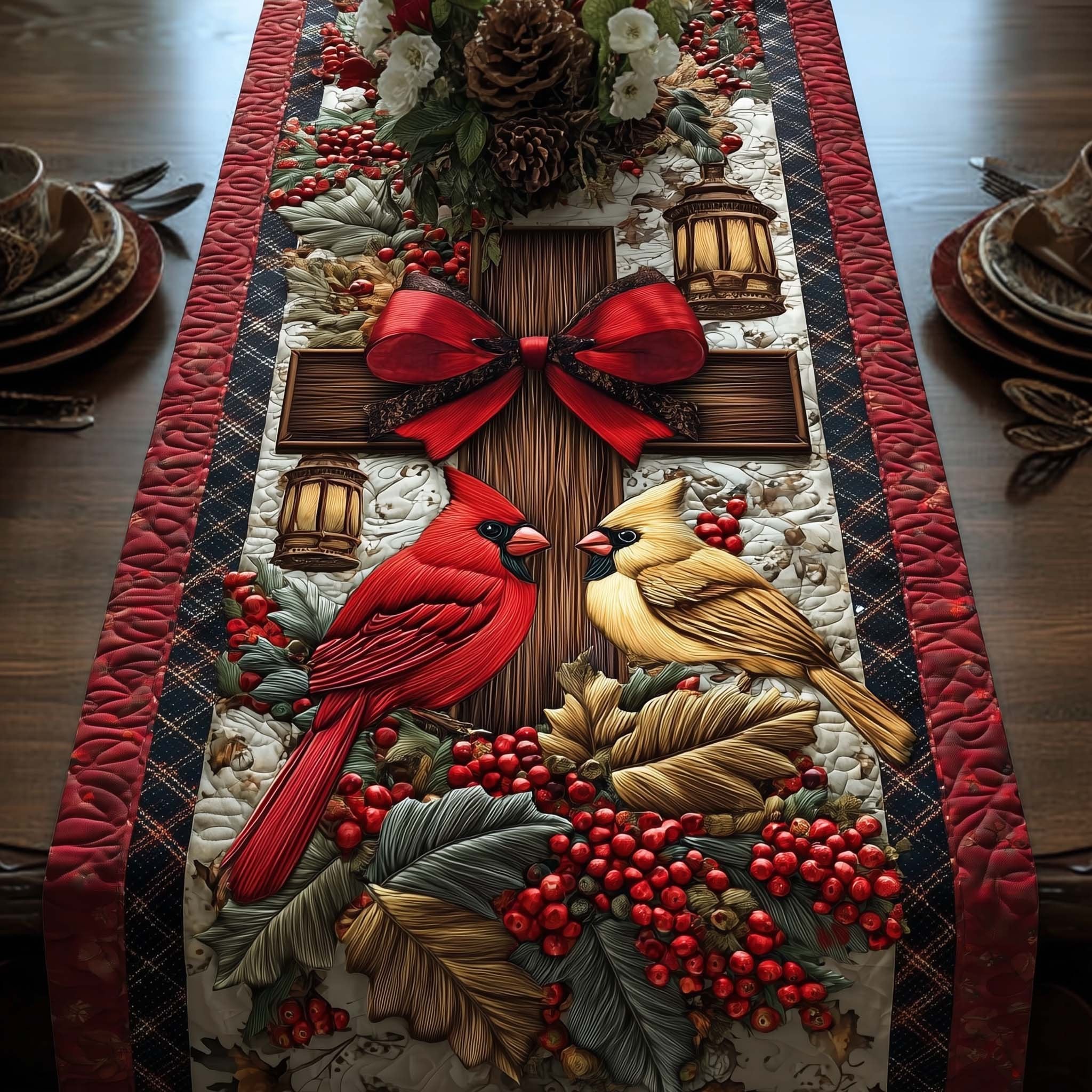 Cardinals with Red Bow and Berries Table Runner