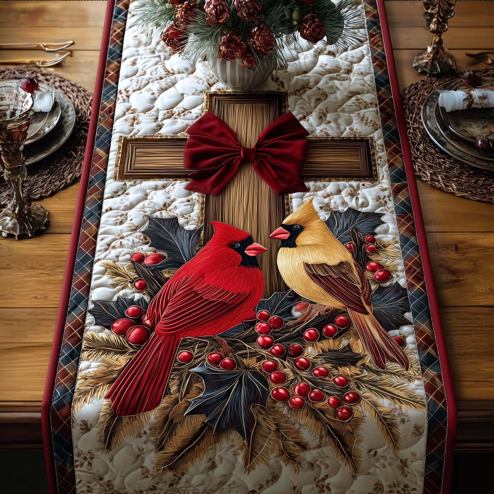 Cardinal Pair with Red Bow Table Runner