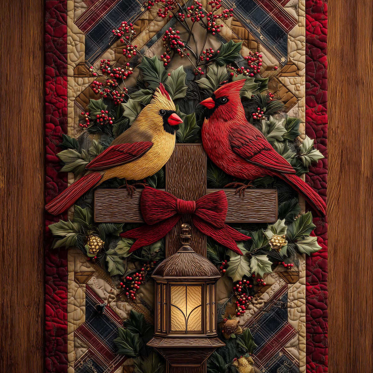 Cardinals on a Wooden Cross Table Runner