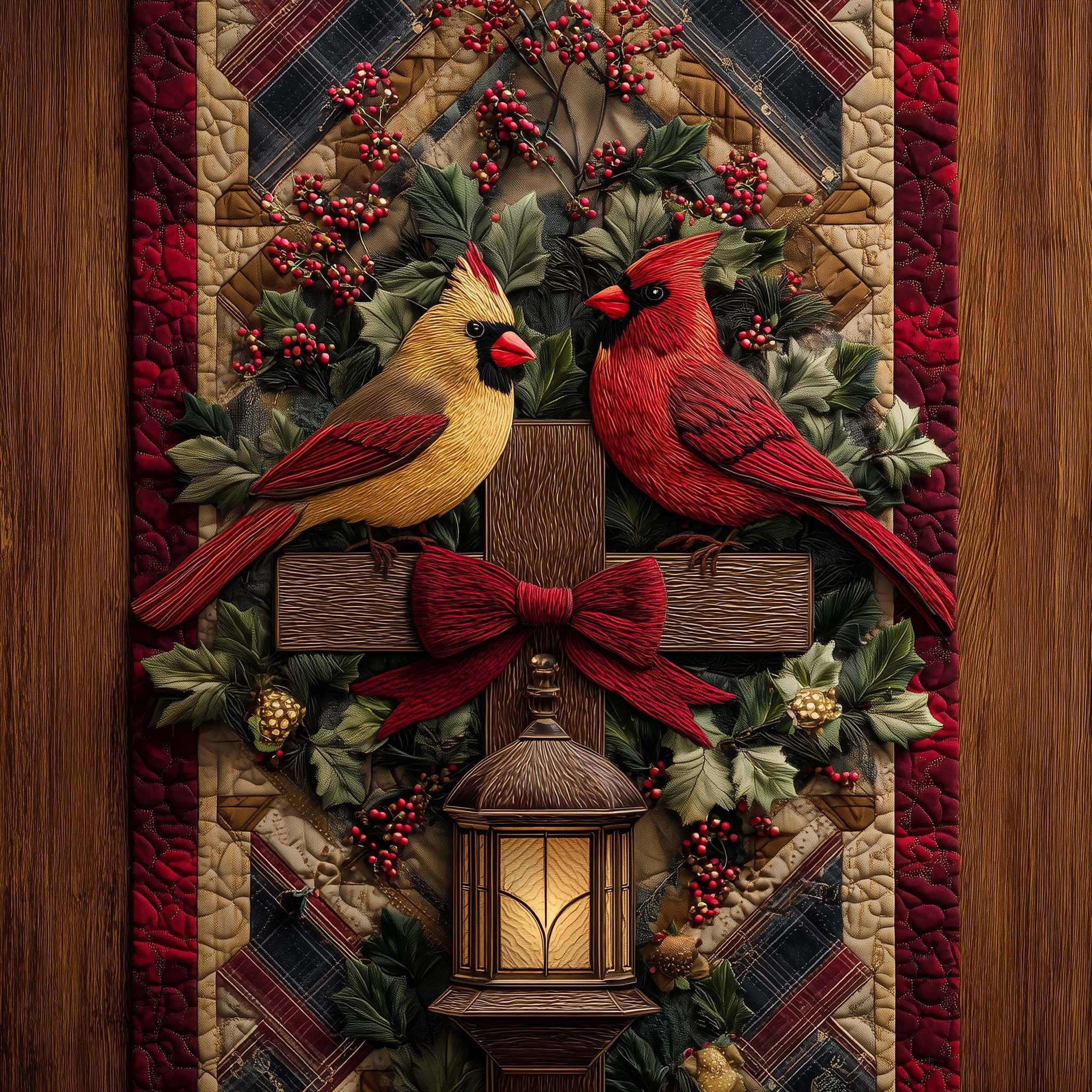 Cardinals on a Wooden Cross Table Runner