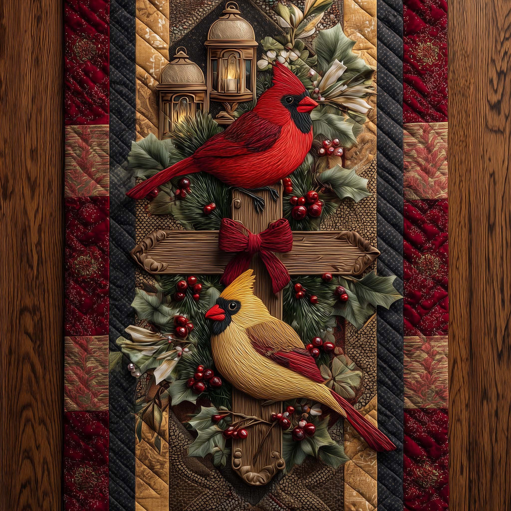 Cardinals with Bow on Rustic Cross Table Runner