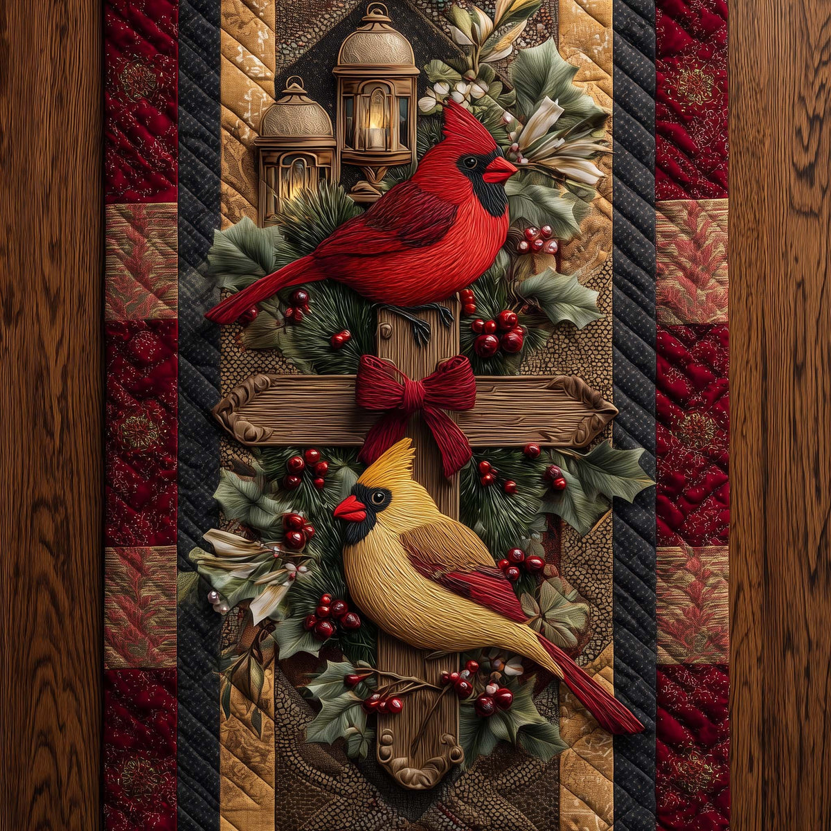Cardinals with Bow on Rustic Cross Table Runner