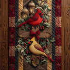 Cardinals with Bow on Rustic Cross Table Runner