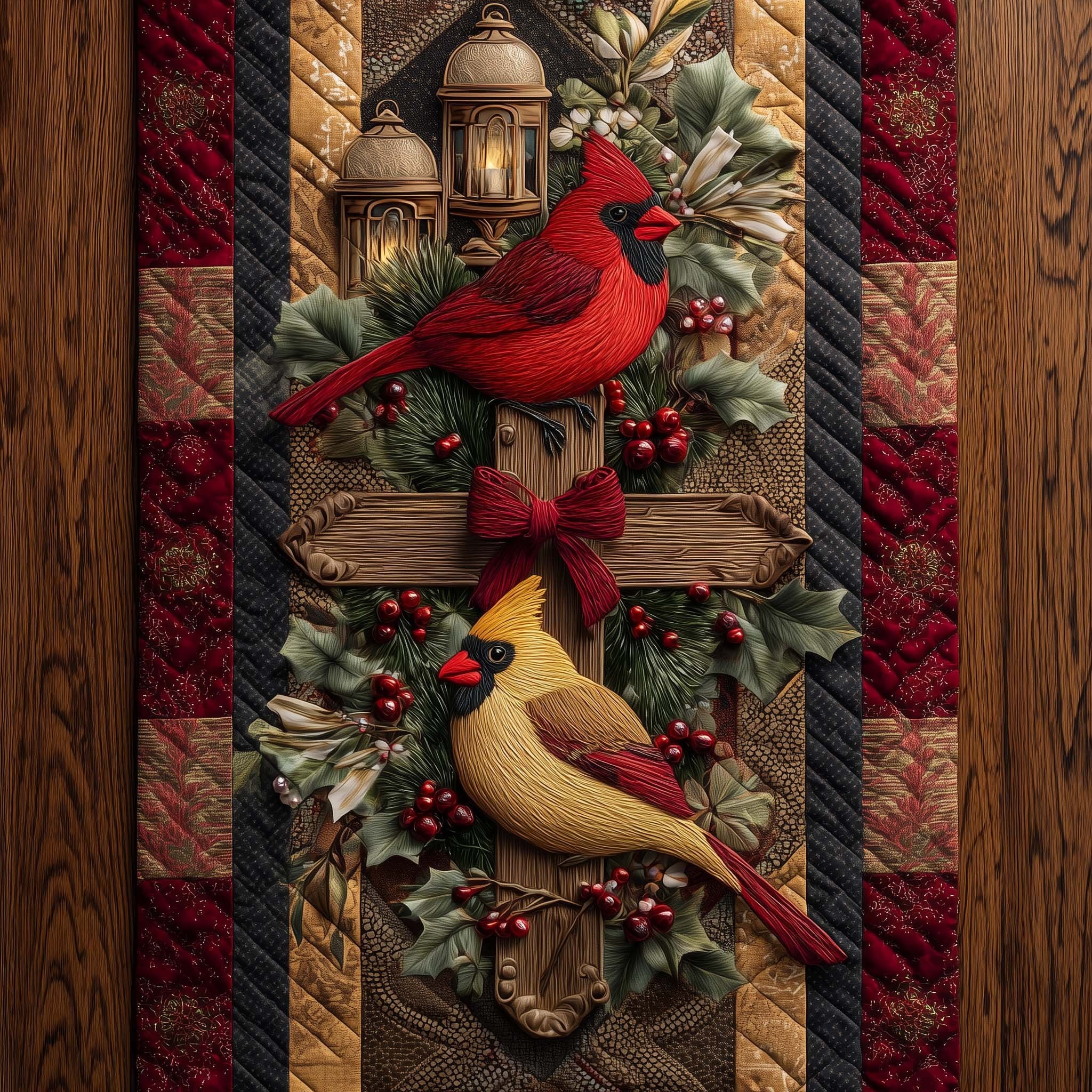 Cardinals with Bow on Rustic Cross Table Runner
