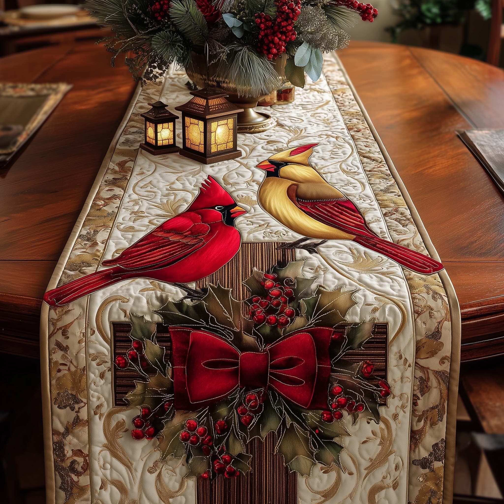 Cardinals and Red Bow on Ivory Table Runner