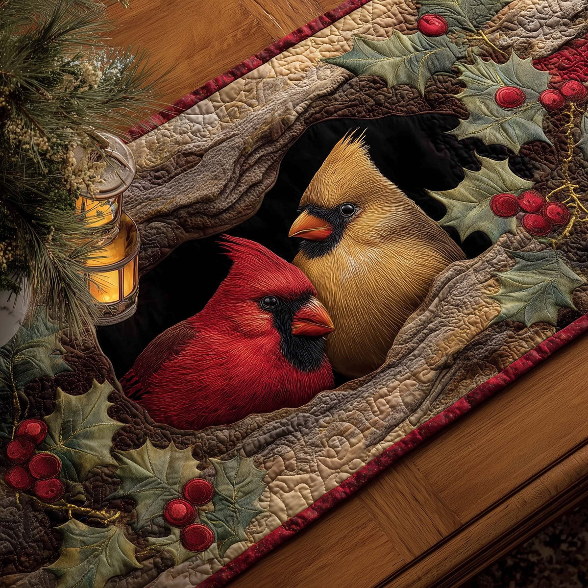 Cardinals Beside a Glowing Lantern Table Runner