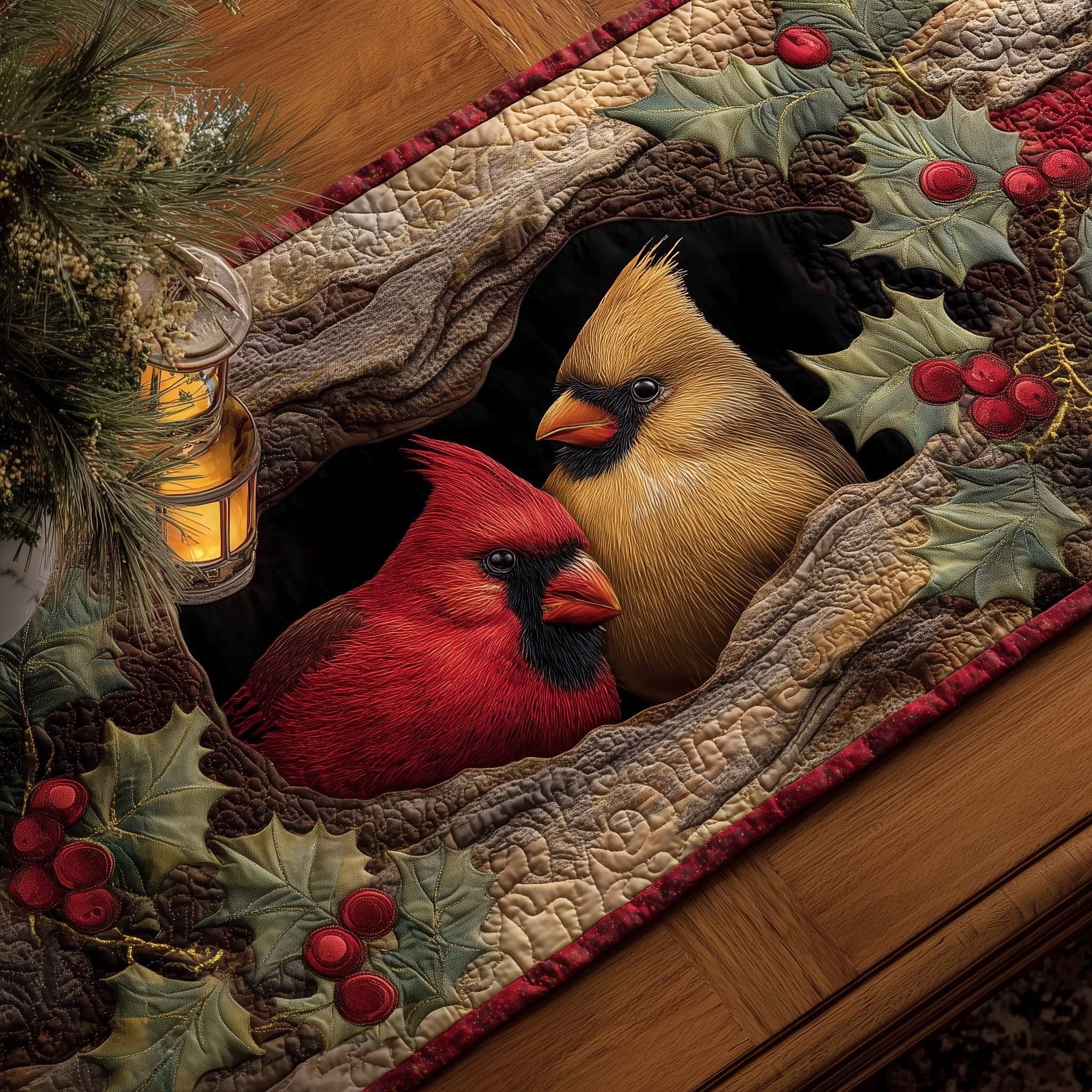 Cardinals Beside a Glowing Lantern Table Runner