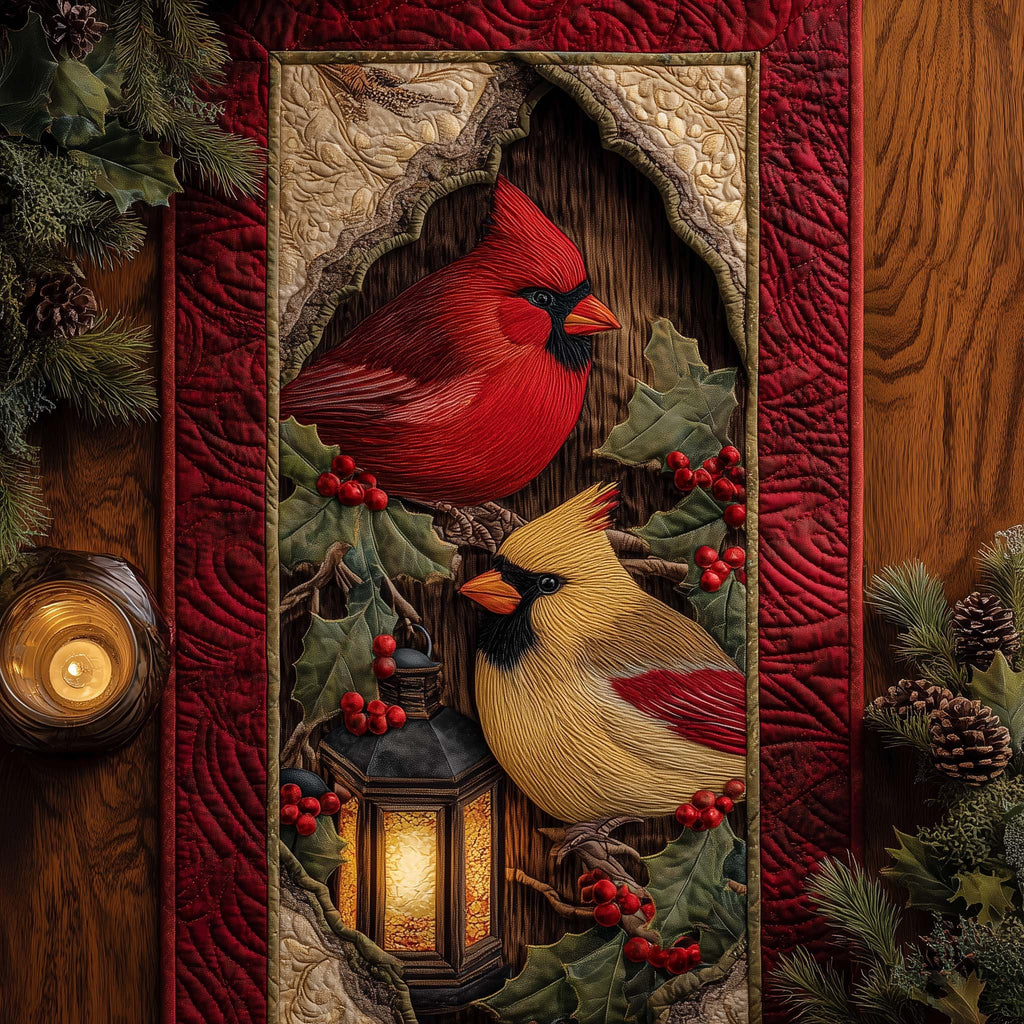 Cardinals with Lantern on Red Table Runner