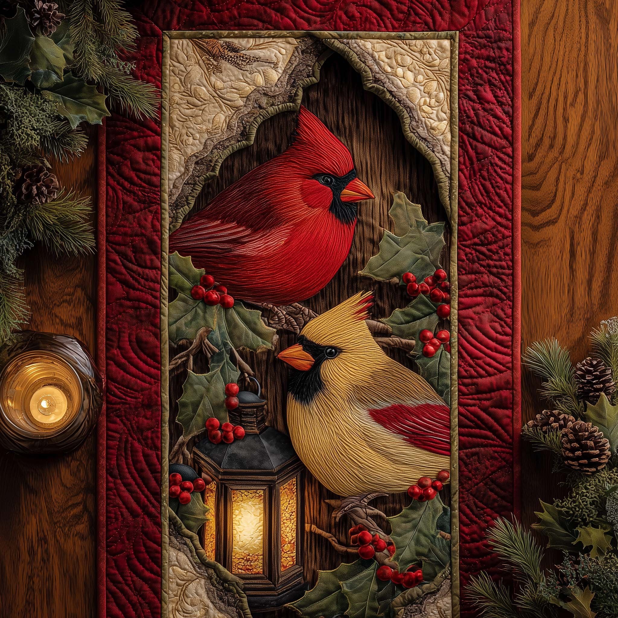 Cardinals with Lantern on Red Table Runner