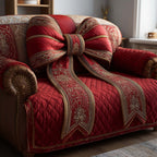 Red Quilt with Golden Ribbon Sash Sofa Cover